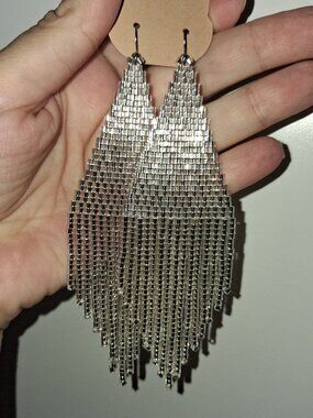 🤍✨ Long Liquid Silver Metallic Beaded Fringe Earrings - Handmade Statement 🤍✨